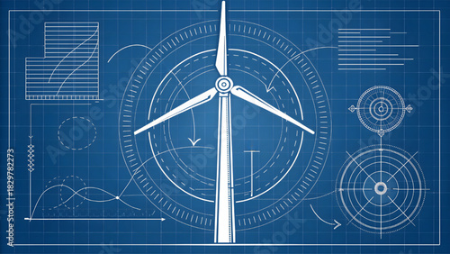 Technical wind turbine blueprint illustration showing engineering design, renewable energy planning, mechanical structure, and clean power concept