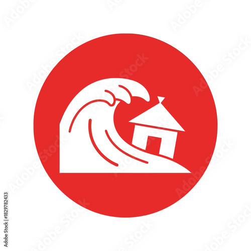 Tsunami wave hitting house icon   natural disaster safety alert Vector