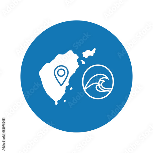 Tropical island surfing location map pin & ocean wave icon Vector