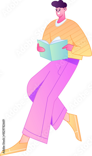Vector flat gradient illustration of a character reading a book.
