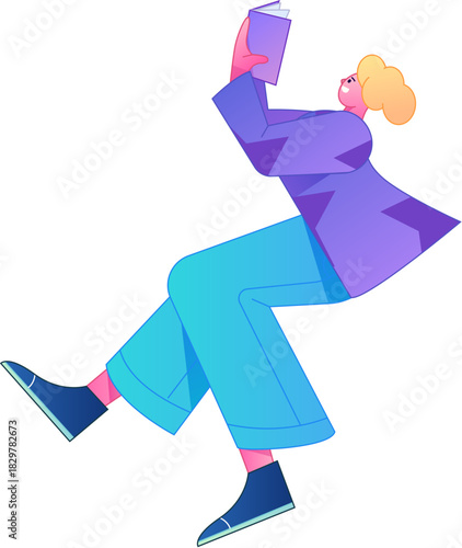 Vector flat gradient illustration of a character reading a book.
