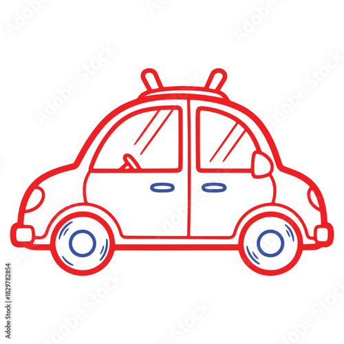 Illustration of a stylized red and blue police car with a rounded cartoonish design against a white background for creative design projects