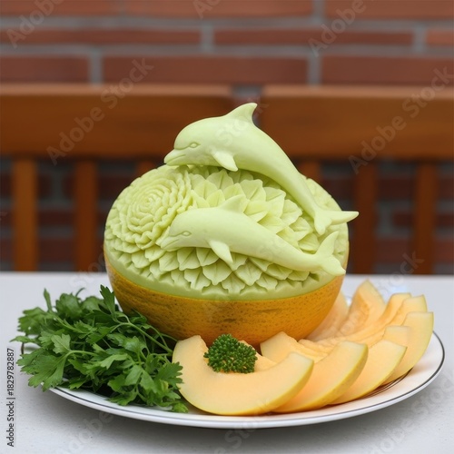 Artistic melon carving showcasing stylized dolphins and intricate floral design artistry