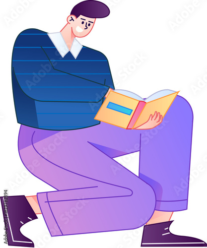 Vector flat gradient illustration of a character reading a book.
