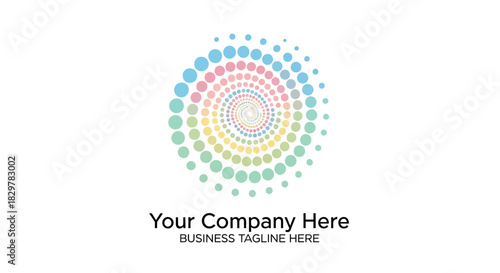 A colorful spiral vortex logo made of concentric circles of pastel-colored dots.