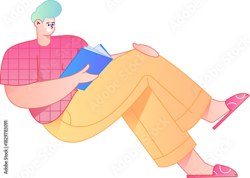 Vector flat gradient illustration of a character reading a book.

