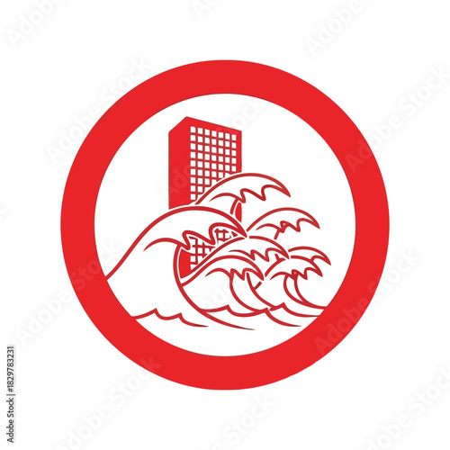 Tsunami flood warning icon: city building submerged by waves vector Vector