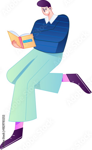 Vector flat gradient illustration of a character reading a book.

