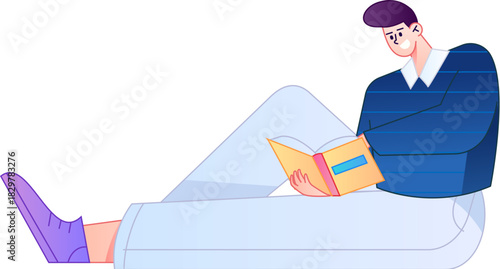 Vector flat gradient illustration of a character reading a book.
