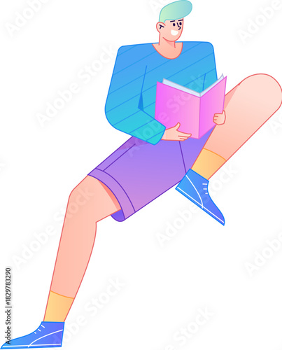 Vector flat gradient illustration of a character reading a book.
