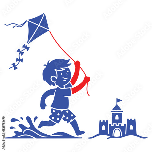 Joyful Boy Runs on the Beach Flying a Kite and Playing Near a Sandcastle with Happiness