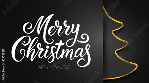 Elegant Merry Christmas and Happy New Year greeting card with a golden tree. Festive holiday design.