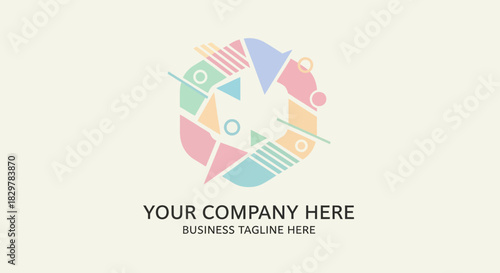 Abstract circular logo with pastel geometric shapes, triangles, and stripes, resembling a camera shutter.