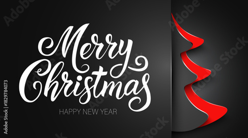 Elegant Merry Christmas and Happy New Year calligraphy with a modern Christmas tree design on a dark background.