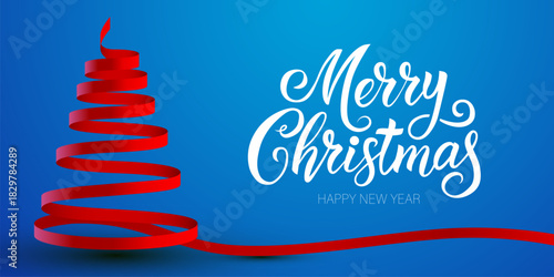 Merry Christmas and Happy New Year greeting with a creative red ribbon tree design.