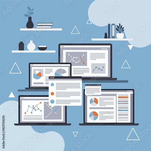Multiple laptops and browser windows displaying data and charts.