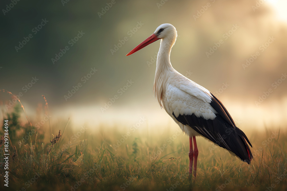 Obraz premium Majestic stork standing in a sunlit meadow with soft morning mist