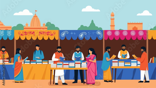 This flat design illustration depicts a lively open-air book market at an Indian literature festival, filled with diverse attendees browsing publications.