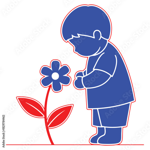 Little boy with flower looking down a symbol of innocence and discovery in bright colors