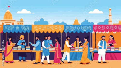 This flat design illustration depicts a lively open-air book market at an Indian literature festival, filled with diverse attendees browsing publications.