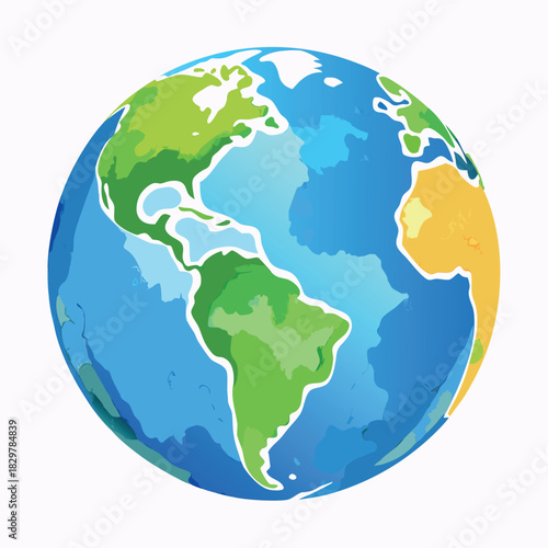 Colorful cartoon-style Earth globe with bright blue oceans and green continents, smooth gradients, soft shadows, clean vector look