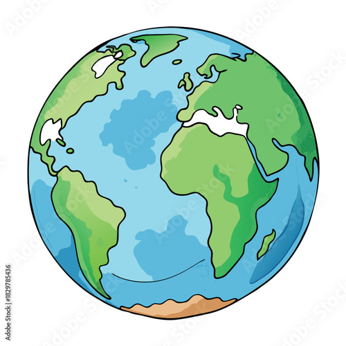 Colorful cartoon-style Earth globe with bright blue oceans and green continents, smooth gradients, soft shadows, clean vector look