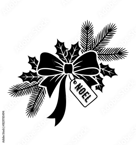 Festive Christmas bow with holly, pine, and a Noel gift tag perfect for holiday cards and seasonal designs