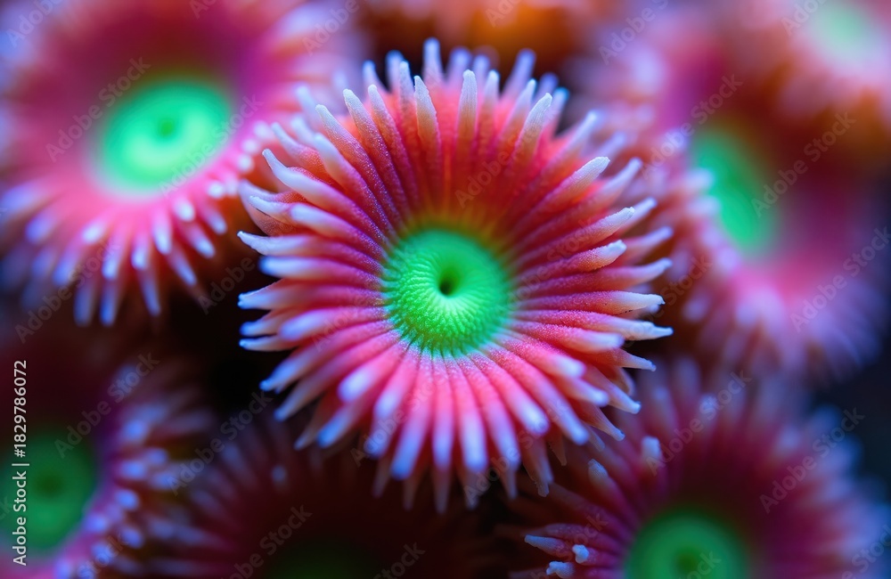 Fototapeta premium Macro view of vibrant pink, green coral polyps in tropical reef aquarium tank. Delicate tentacles open, displaying bright vivid colors. Small marine animal colony thrives underwater. Intricate sea