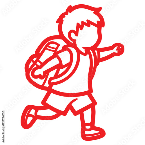 Red Line Art of a Running Schoolboy with Backpack Illustration Perfect for Back to School Concepts and Educational Materials