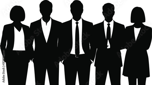 Five business professionals stand in dark silhouettes against a stark white background