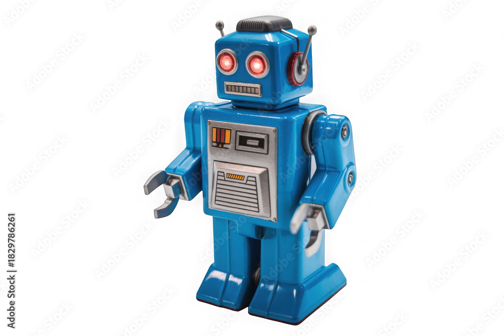 Fototapeta premium Retro blue tin robot toy with glowing red eyes and mechanical arms isolated on transparent background
