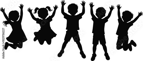 Five cheerful children black silhouettes are joyfully jumping with their arms raised up high