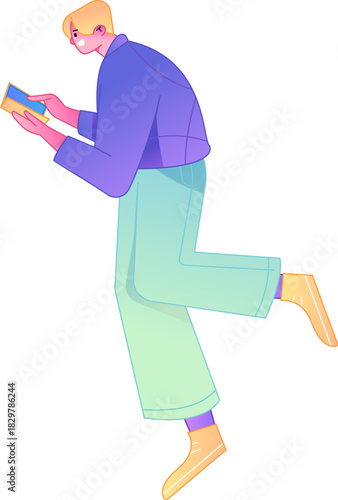 Vector flat gradient illustration of a character reading a book.
