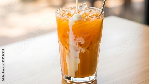 Pouring milk into iced thai tea in a tall glass on a wooden table