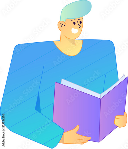 Vector flat gradient illustration of a character reading a book.
