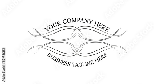 Classic black and white company logo template with elegant filigree flourishes and sample text.
