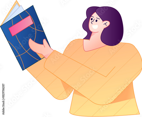Vector flat gradient illustration of a character reading a book.
