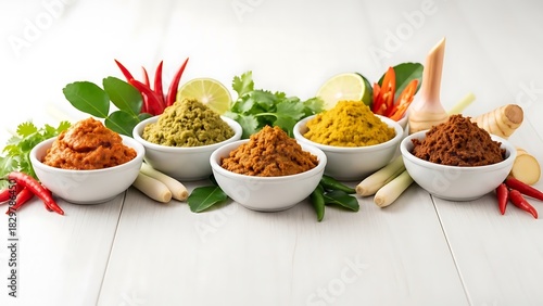 Assortment of thai curry pastes with fresh ingredients