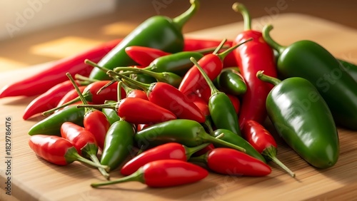 Assorted fresh red and green chili peppers on wooden board, healthy food