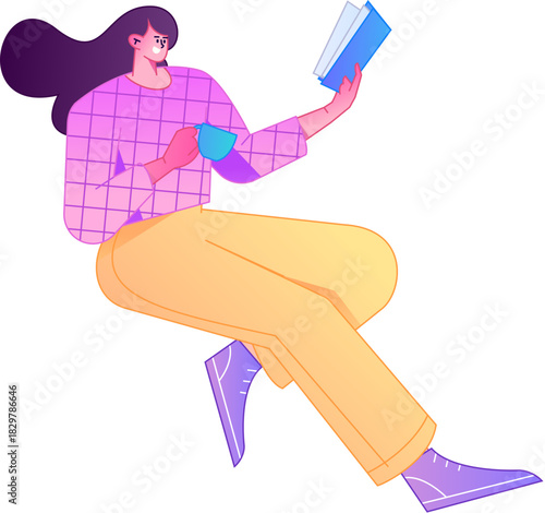 Vector flat gradient illustration of a character reading a book.
