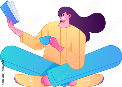 Vector flat gradient illustration of a character reading a book.
