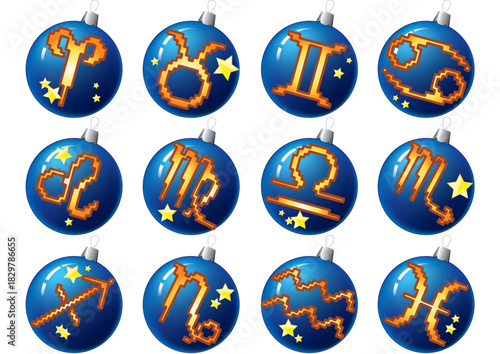 Zodiac signs on blue christmas balls