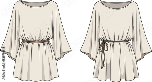 Boho tunic dress fashion flat sketch with flared sleeves, waist tie belt details, garment template, stylish apparel illustration