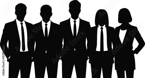 Five corporate individuals in business suits stand side by side on an isolated white background