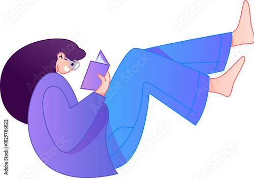 Vector flat gradient illustration of a character reading a book.

