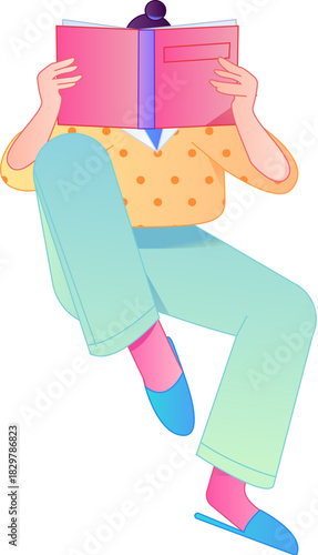 Vector flat gradient illustration of a character reading a book.
