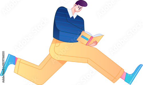 Vector flat gradient illustration of a character reading a book.
