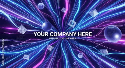 Dynamic abstract background with radiating blue and purple neon light trails and floating translucent geometric shapes.