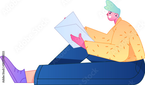 Vector flat gradient illustration of a character reading a book.
