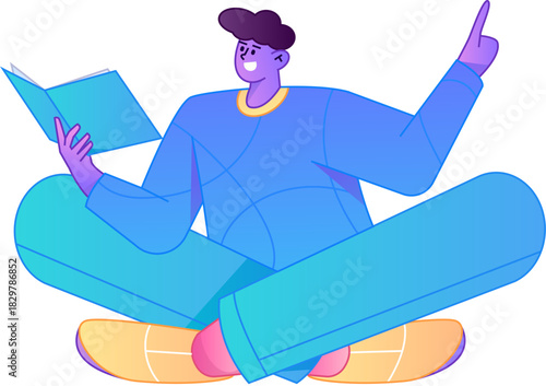 Vector flat gradient illustration of a character reading a book.
